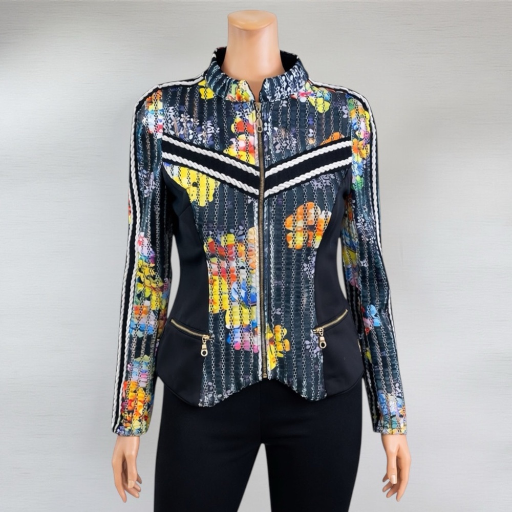 I Too Fashion Mesh Floral Zip-Front Blazer